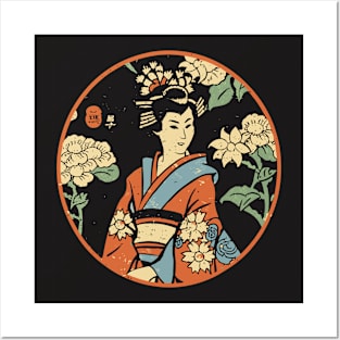 Woodblock print Japanese geisha in a temple garden Posters and Art